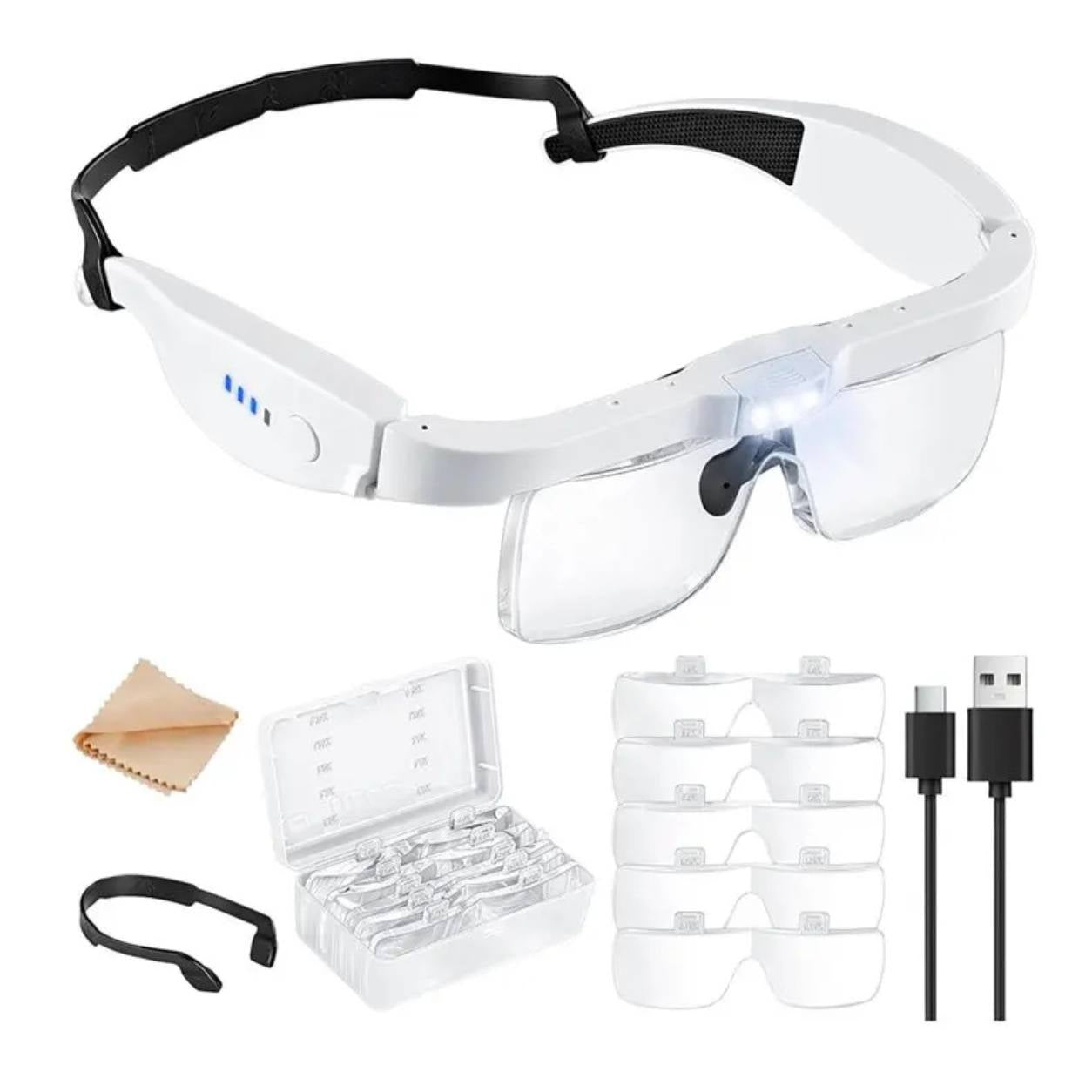 Detalles de la lupa: carga USB-C, almohadilla nasal y luces LED frontales